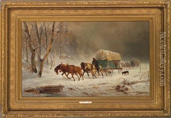 Going Home (pioneers Braving A Storm) Oil Painting - William Hahn