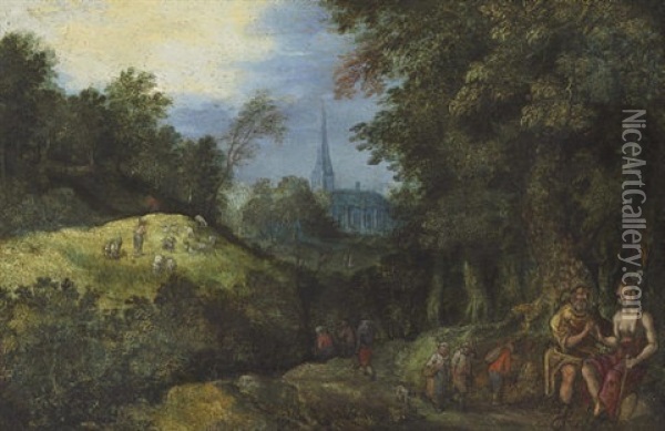 Figures In A Wooded Landscape Oil Painting - Jan Brueghel the Elder