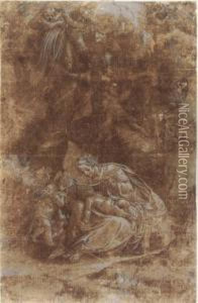 The Madonna And Child With The Infant Baptist In A Landscape Oil Painting - Lelio Orsi