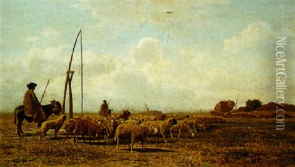 A Shepherd Minding His Flock Oil Painting - Gustav Ranzoni