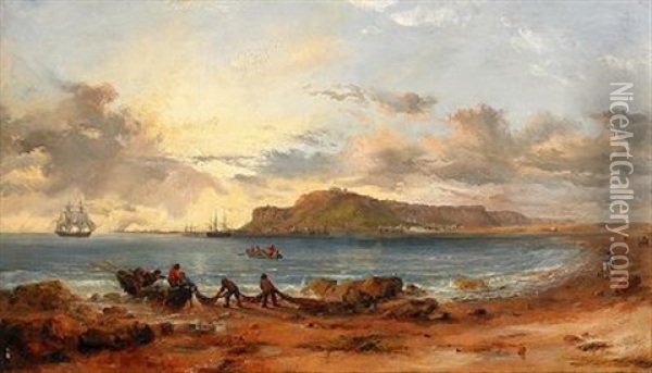 Portland Island From The Beach At Sandsfoot Castle, Portland Bay Oil Painting - Edward F. D. Pritchard