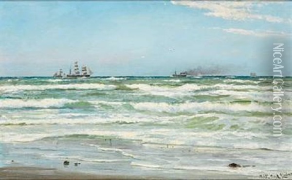 Summer Day At Skagen With Numerous Ships On The Sea Oil Painting - Carl Ludvig Thilson Locher