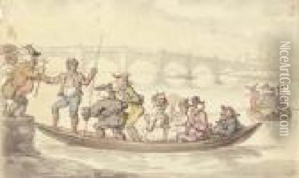 A River Ferry On The Thames Oil Painting - Thomas Rowlandson