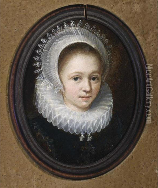 A Portrait Of A Young Girl, Head
 And Shoulders, Wearing A Black Dress With A White Lace Collar And An 
Elaborate Lace Headdress Oil Painting - Jan Anthonisz Van Ravesteyn