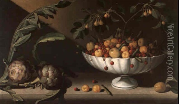 Still Life Of Fruit In A Bowl With Two Artichokes Oil Painting - Juan (Fray) Sanchez y Cotan