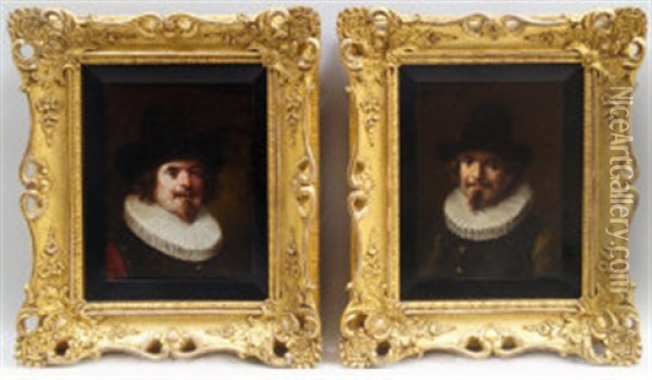 Head And Shoulder Portraits Of Two Gentlemen In 17th Century Dress (2 Works) Oil Painting - Lajos Koloszvary