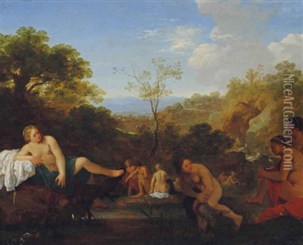 Diana Surprised At Her Bath Oil Painting - Cornelis Van Poelenburgh