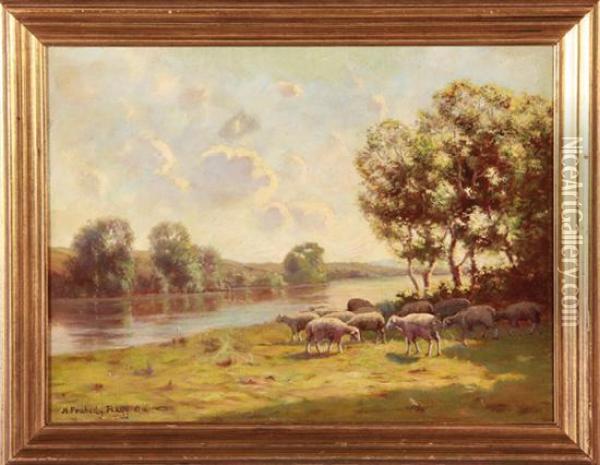 River Scene With Sheep Oil Painting - Hiram Peabody Flagg