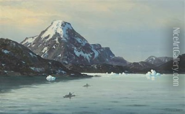 Inuit Hunters In Kayaks On A Fjord Oil Painting - Emanuel A. Petersen