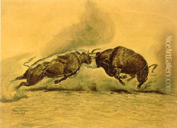 Fighting Bulls Oil Painting - William R. (Will) James