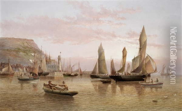 The Harbour And Lighthouse, Scarborough Oil Painting - Henry Redmore