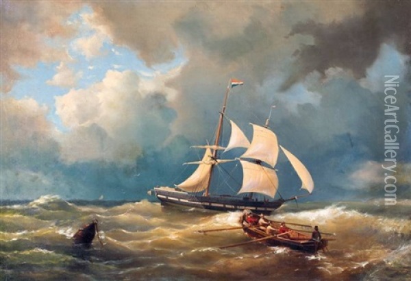 Tweemaster Op Zee, Op De Voorgrond Mannen In Een Sloep Oil Painting - Johannes Matthijs Lion