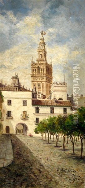 Patio De Banderas Con La Giralda Al Fondo Oil Painting - Jose Montenegro Cappell