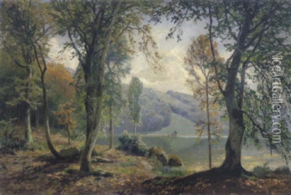 Herbstliches Seeufer In Der Eifel Oil Painting - Heinrich Boehmer