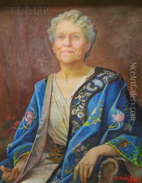 Portrait Ofa Woman In Blue Kimono Oil Painting - Frederick George Jackson