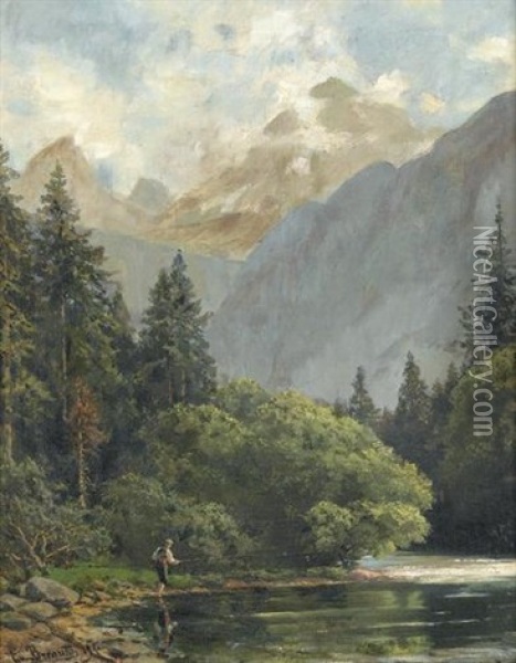 Landschaft Bei Berchtesgaden Mit Angler Am Flussbett Oil Painting - Ernst Von Bernuth