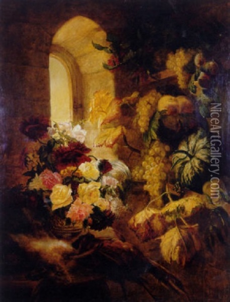 Fruits, Pampres De Vigne, Vase De Fleurs, Lievre Et Faisan Oil Painting - Simon Saint-Jean