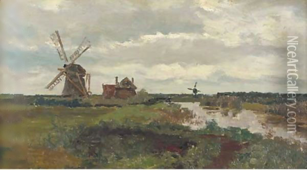 Windmills in a polder landscape Oil Painting - Paul Joseph Constantine Gabriel