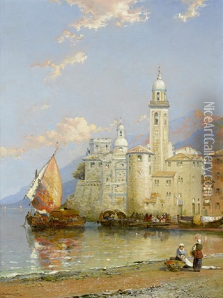 Amalfi-gulf Of Salerno (+ Camogli In The Riviera; Pair) Oil Painting - Arthur Joseph Meadows