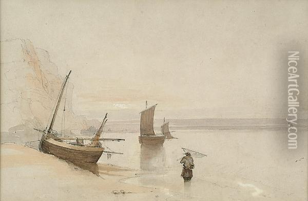 Fishing Boats On Shore Oil Painting - George Bryant Campion