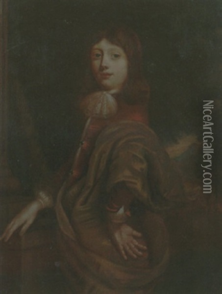 Portrait Of A Young Boy Wearing A Red Jacket And An Ochre Mantle Oil Painting - Juergen Ovens