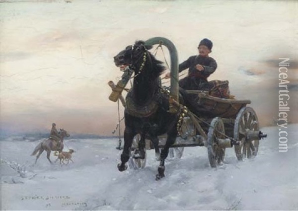 A Trader In A Horse And Cart In The Snow Oil Painting - Stanislaw Ksawery Szykier
