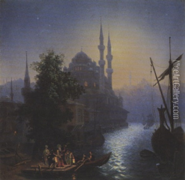 Nachtliche Hafenpartie In Konstantinopel Oil Painting - Auguste-Etienne-Francois Mayer