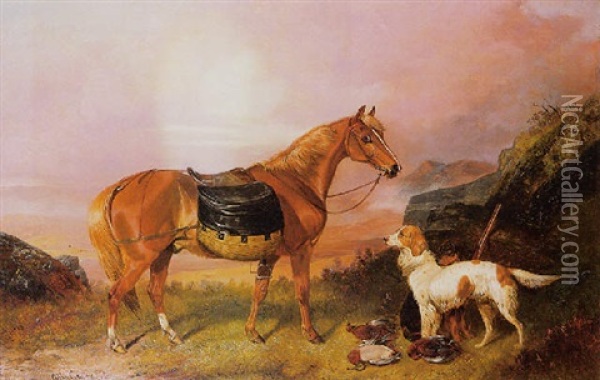 Hunting Scene With Horse And Dogs Surrounding The Day's Bag Oil Painting - Colin Graeme