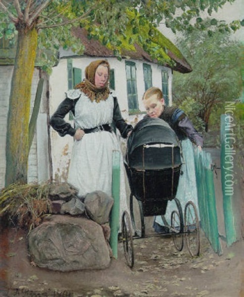 Udenfor Et Bondehus. To Kvinder Ved En Barnevogn Oil Painting - Laurits Andersen Ring