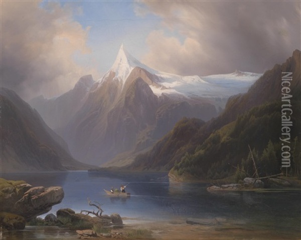 Gebirgssee Mit Blick Auf Schneebedeckte Berge Oil Painting - Josef Holzer