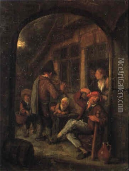 Flute Player Charming A Peasant And Children By A Farm Oil Painting - Cornelis Dusart