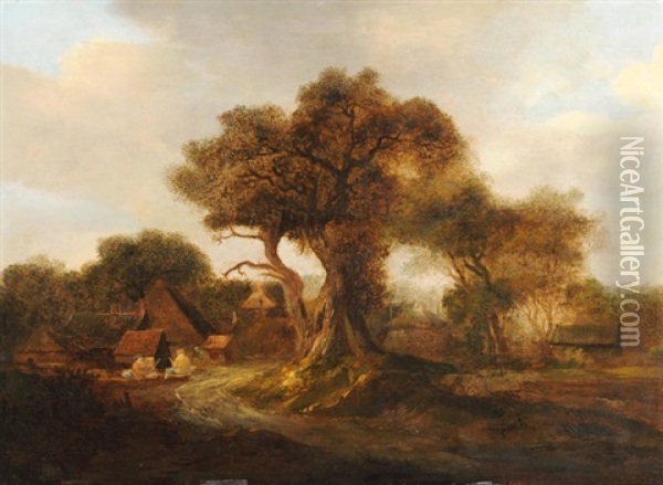 Weiler Bei Einem Grossen Baum Oil Painting - Meindert Hobbema