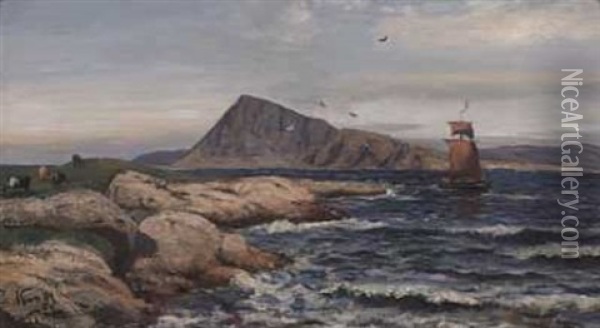 Kyr Og Seilbat, Kinn Oil Painting - Fredrik Jonas Lucian Botfield Collett