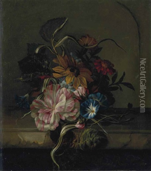 Tournesol, Liseron Et Tulipe Bicolore Oil Painting - Anna Elisabeth Ruysch