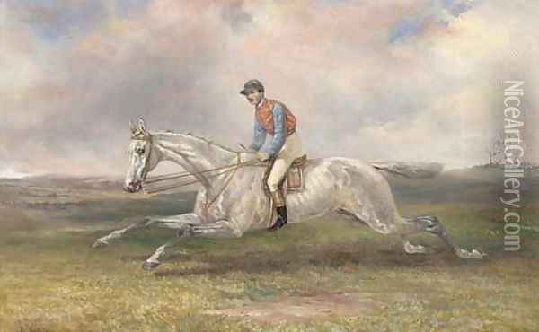 A jockey on a grey in full gallop Oil Painting - Thomas Hillier Mew