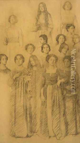 A study of female figures, one holding a lily Oil Painting - Thomas Cooper Gotch