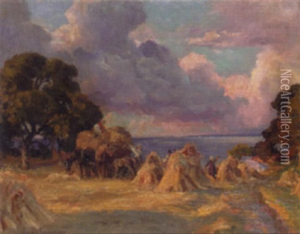 Harvesting At Sunset Oil Painting - Viggo Pedersen