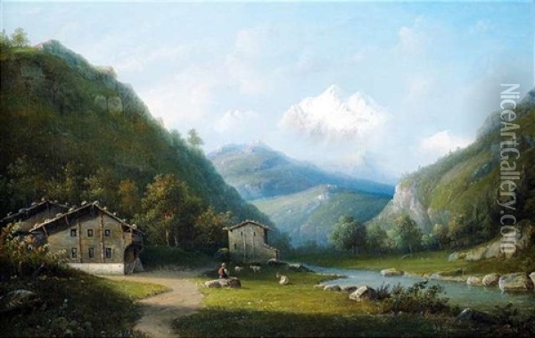 Flusslandschaft Im Gebirge Mit Blick Auf Das Mont-blanc-massiv Oil Painting - Jacobus Hendricus Johannes Nooteboom