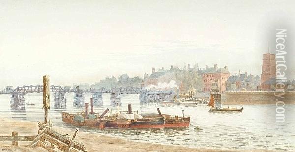 A View Of Battersea Bridge And Old Chelsea Church From The Southbank Oil Painting - Hubert James Medlycott