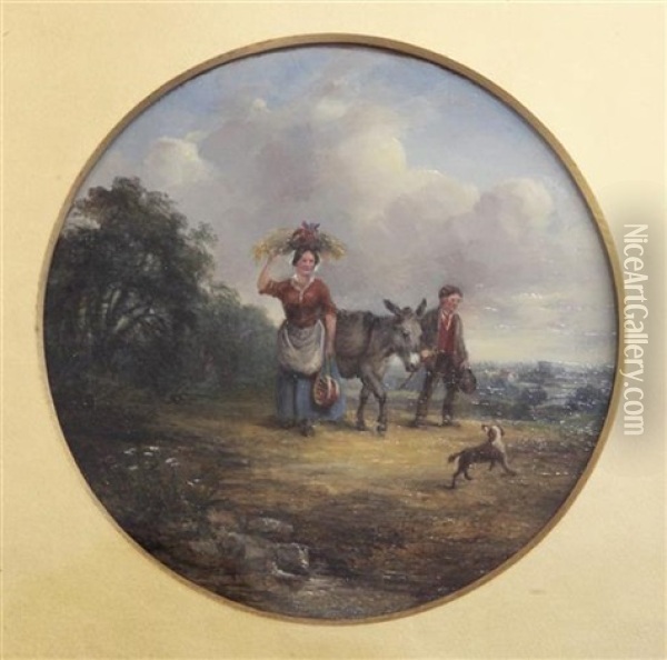 Two Travellers With A Donkey And Dog - And Companion Piece Oil Painting - Robert Burrows