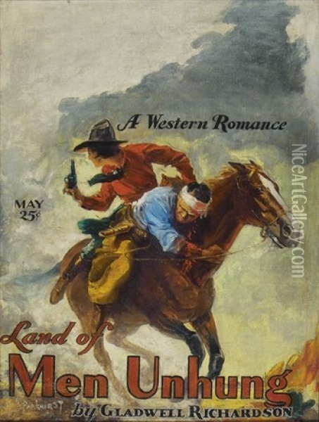 Woman Rescuing Wounded Cowboy On Horseback (magazine Cover Illus. For Issue Of Wild West Stories And Complete Novel Magazine) Oil Painting - Harry Landon Parkhurst