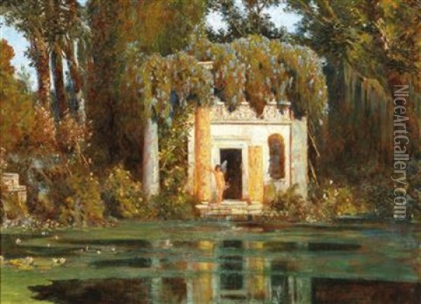 Park Landscape With Pond And Sprite Oil Painting - Max Roeder