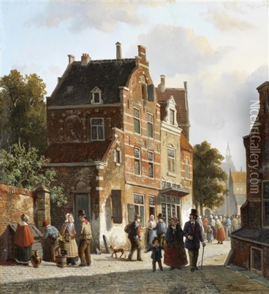 Figures In A Busy Street Oil Painting - Adrianus Eversen