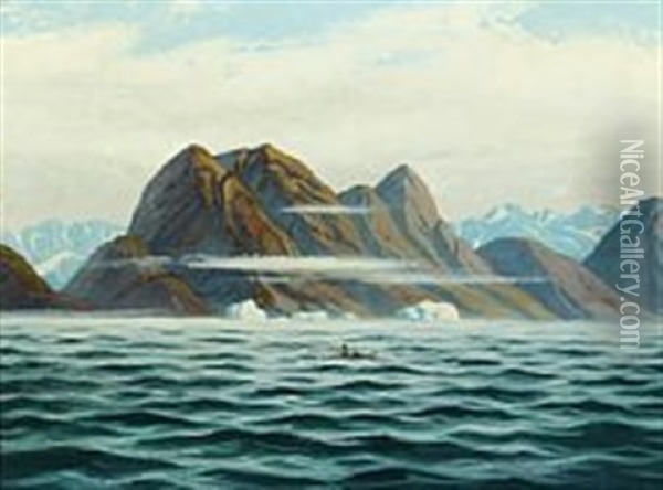 A Whaler In His Kayak At Sissimiut/holsteinsborg Oil Painting - Emanuel A. Petersen