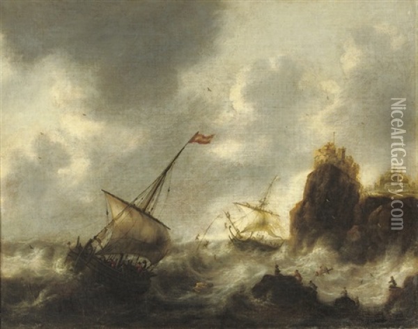 Sailing Vessels In Distress Near A Rocky Coast Oil Painting - Jacob Adriaenz. Bellevois