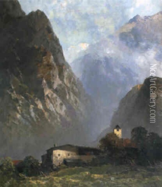 Dorf Mit Kirche Im Hochgebirge Oil Painting - Oskar Mulley