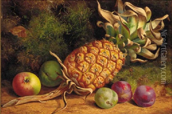 A Pineapple, Plums And An Apple On A Mossy Bank Oil Painting - William Hughes