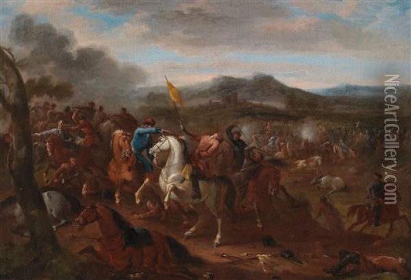 A Cavalry Engagement Oil Painting - Jan van Huchtenburg