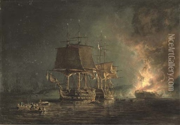 The Burning Of The Russian 74-gun "sewolod" After She Had Been Engaged And Silenced By H.m.s. "implacable", Captain T. Byam Martin, In The Baltic, 26th August 1808 Oil Painting - Nicholas Pocock