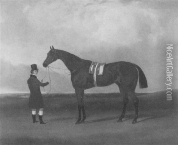 A Bay Racehorse Held By A Groom Oil Painting - John Nost Sartorius